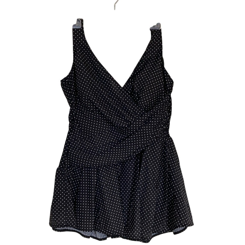 Miraclesuit‎ One Piece Skirted Swimsuit Black White Polka Dot Size Large Support